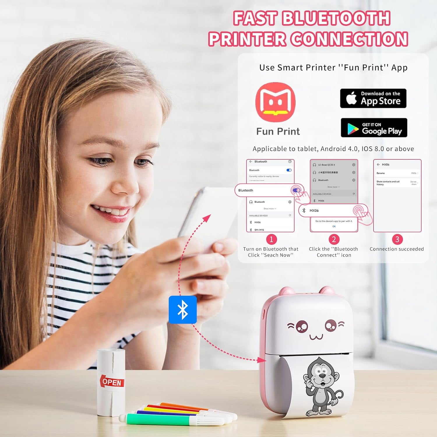 Mini Portable Printer, Pocket Thermal Printe with 7 Rolls Paper, Bluetooth Wireless Smart Printer for Android iOS Smartphone, Inkless Printers for Photo Picture Office Receipt QR Code Label List Note