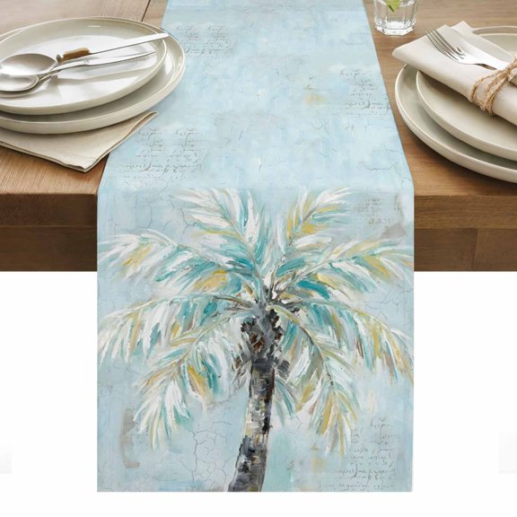 Teal Coastal Palm Tree Table Runner Tropical Seaside Trees Botanical Tablerunners 14 x 72 Inch, Table Decorations Tabletop Scarf for Summer Gathering Holiday Farmhouse Kitchen Dining Decor