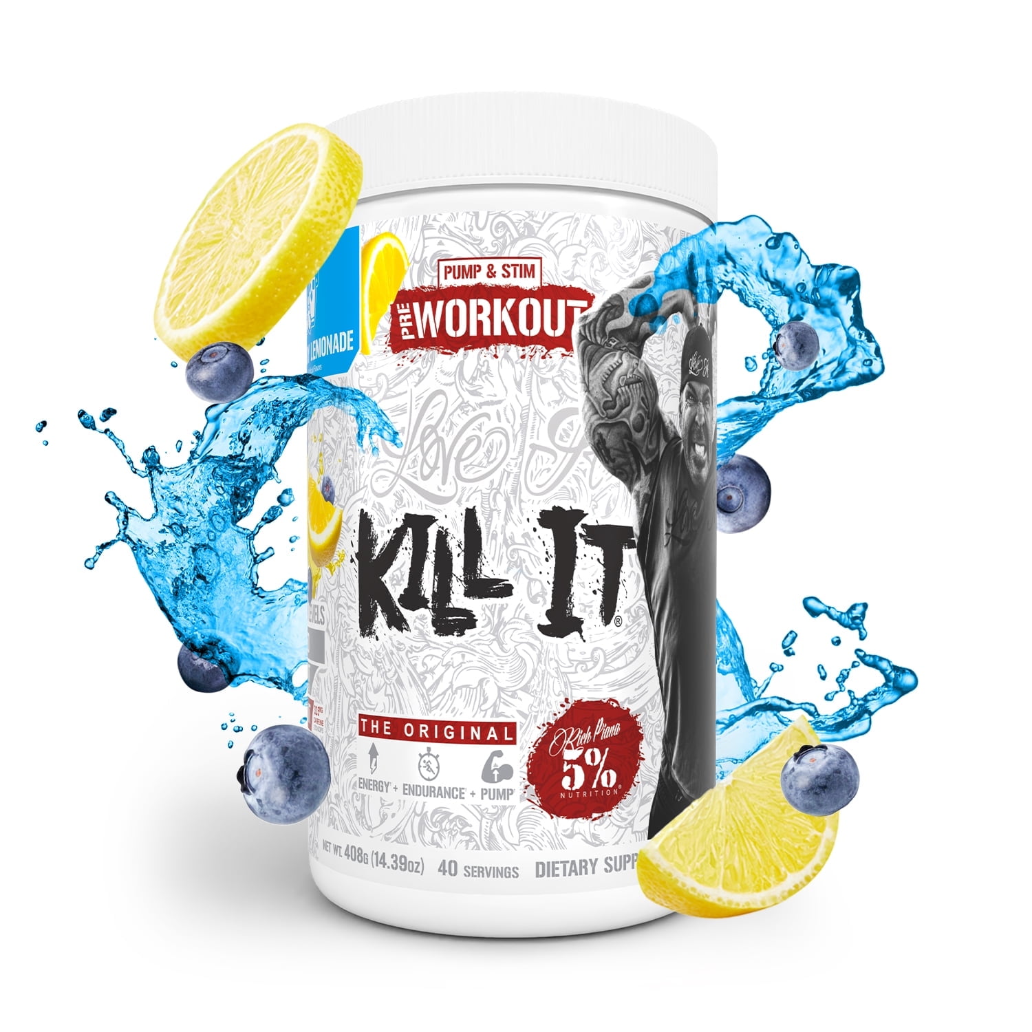 5% Nutrition Rich Piana Kill It Pre-Workout Powder Supplement with Creatine & Caffeine for Pump, 40 Servings (Blueberry Lemonade)