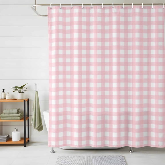 Shower Curtains for Bathroom, Pink Buffalo Plaid Waterproof Fabric Shower Curtain, Farmhouse Pink White Checkered Decorative Bathroom Curtain for Bathtub, 72"x84", No Hooks Included