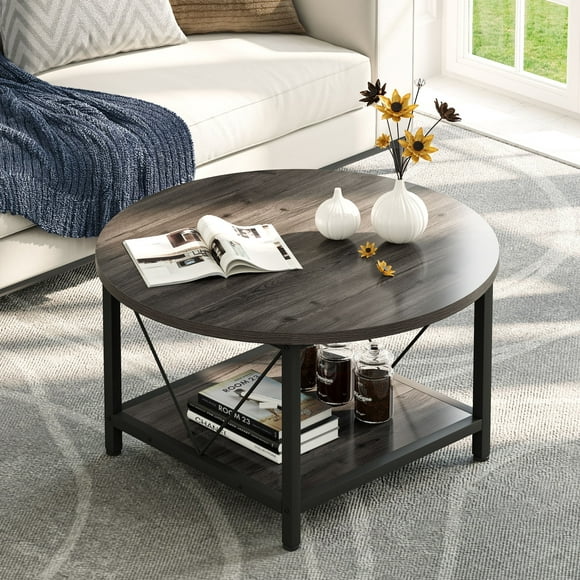 Round Coffee Table, 31.5" Industrial Living Room Table, Cocktail Table with Storage Open Shelf for Living Room, Gray