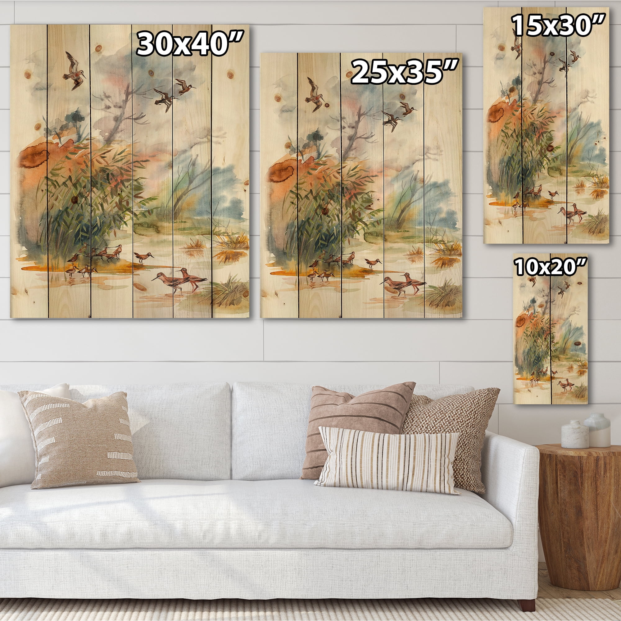 Designart 'Flying Over The Water With Autumn Landscape' Traditional Print on Natural Pine Wood