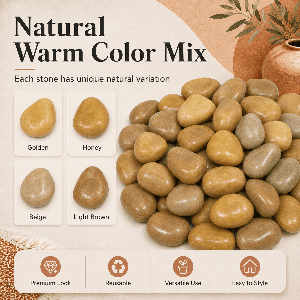 38lbs Khaki River Rocks, 2-3 inch Polished Pebbles Decorative White Stones for Indoor Outdoor Use, Perfect for Plants, Vase Fillers, Aquariums, Fish Tanks, and Garden Landscaping