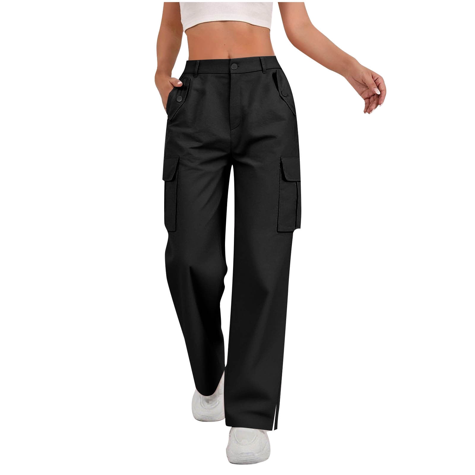 Women's Solid Cargo Pants - Elastic Waist Trousers with Button Closure, Side Slit & Functional Pockets - image 5
