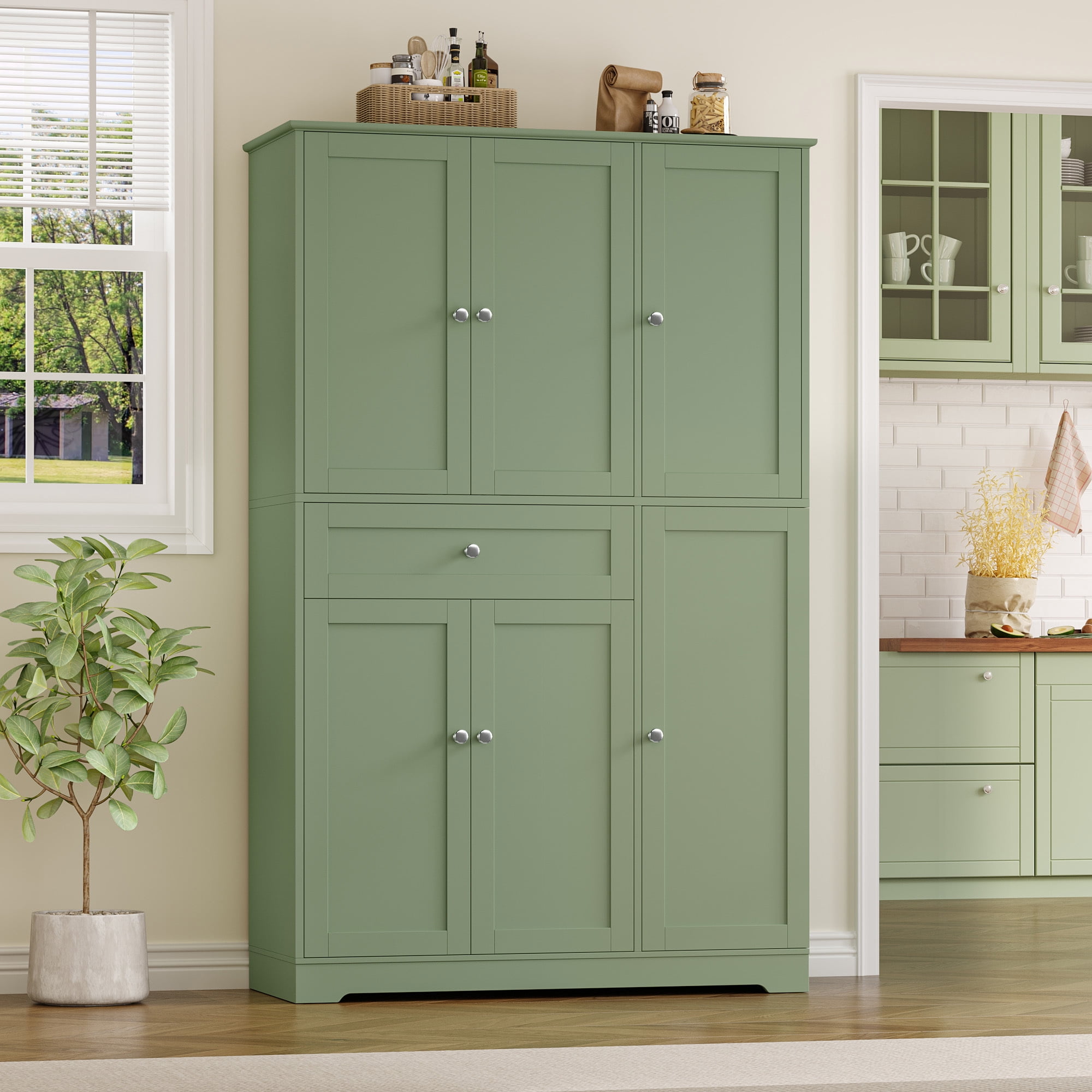 Homfa Kitchen Pantry Storage Cabinet, 68" Food Pantry Cabinet with Drawer and Door Shelf, 6 Door Freestanding Cupboard Buffet for Dining Room, Green