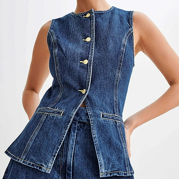 Brondbend Woman Jean Jacket Denim Jacket for Women Crewneck Sleeveless Button Fashion Top Solid Color Slim Comfortable Party Work Outerwear Versatile Blue