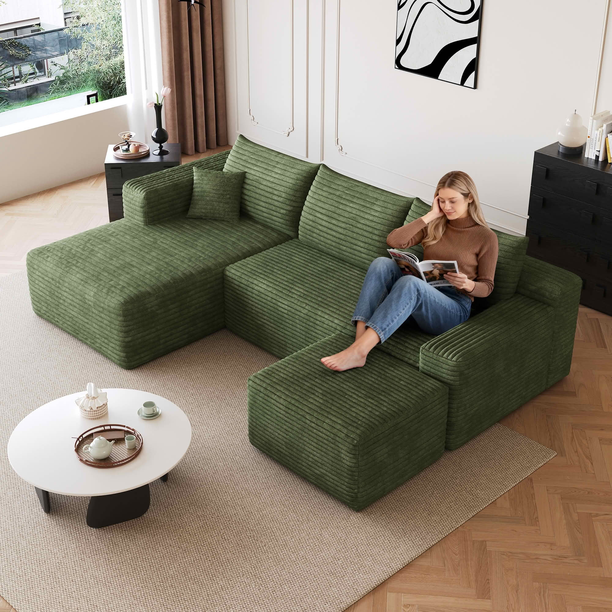 MAYEERTY 95 Inch Cloud U Shaped Sectional Sofa with Ottoman, Plush Corduroy Deep Seat Corner Couch, No Assembly Modern Minimalist Sofa for Living Room
