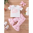 thumbnail image 2 of Kids Toddler Baby Girl Easter Outfits Short Sleeve Shirts Letter T-Shirt Bunny Flare Pants 3Pcs Summer Clothes Set, 2 of 9