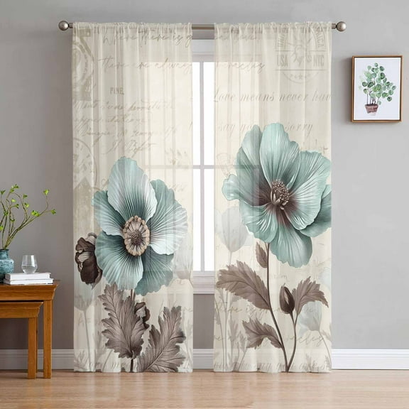 Blue Green Floral Sheer Curtains 72 Inch Length 2 Panels Set for Living Room/Bedroom, Spring Summer Mallow Flowers Retro Curtain Sheers Drapes Rod Pocket Curtains Window Treatment Set 52''x72''x2