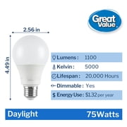 Great Value 18YR A19 LED Bulb, 11 W, 75 W Equivalent, E26 Medium Base, Dimmable, Daylight, 4-Pack