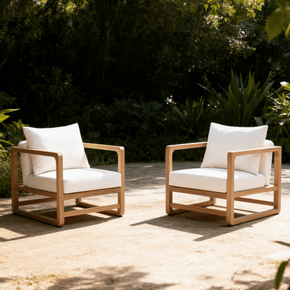 YIYADO Outdoor Lounge Chair, Oversized Acacia Wood Club Chair with White Cushions, for Balcony, Deck & Garden
