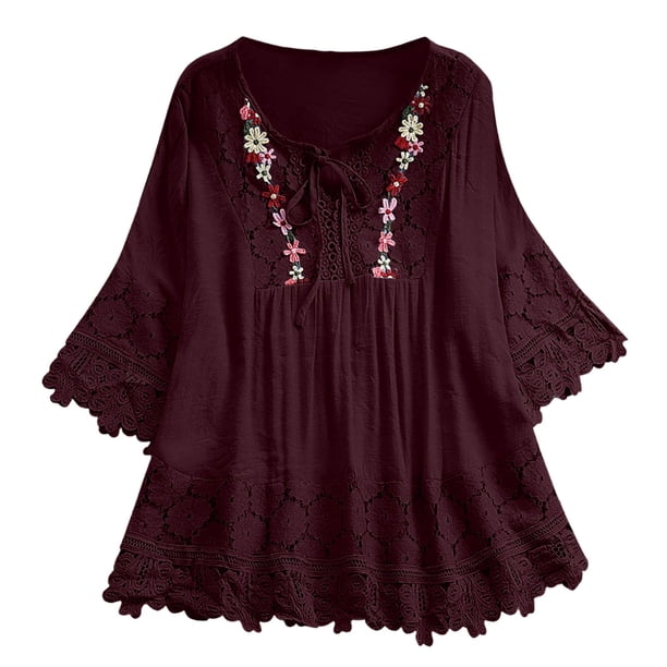 Blusa vintage de mujer con cuello en V, manga 3/4, lazo y patchwork de encaje - Top informal de moda - Camisa de algodón mezclado para el día a día