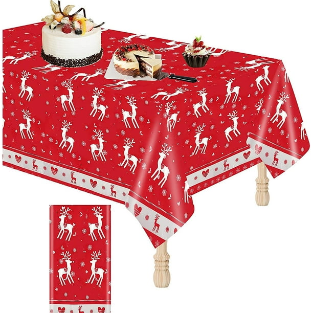 Red Water Resistant Pvc Christmas Tablecloth With Moose Reusable