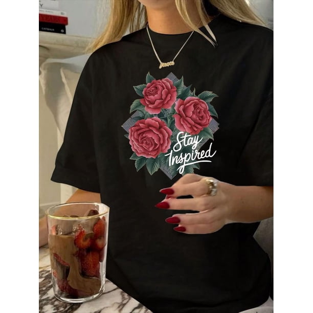 Camiseta De Mujer De Verano Ligera Básica Para Mochilero, Camping, CaminarVintage-Inspired Geometric Print T-Shirt for Women - Casual Crew Neck, Short Sleeve, Polyester Blend, Machine Washable - Per