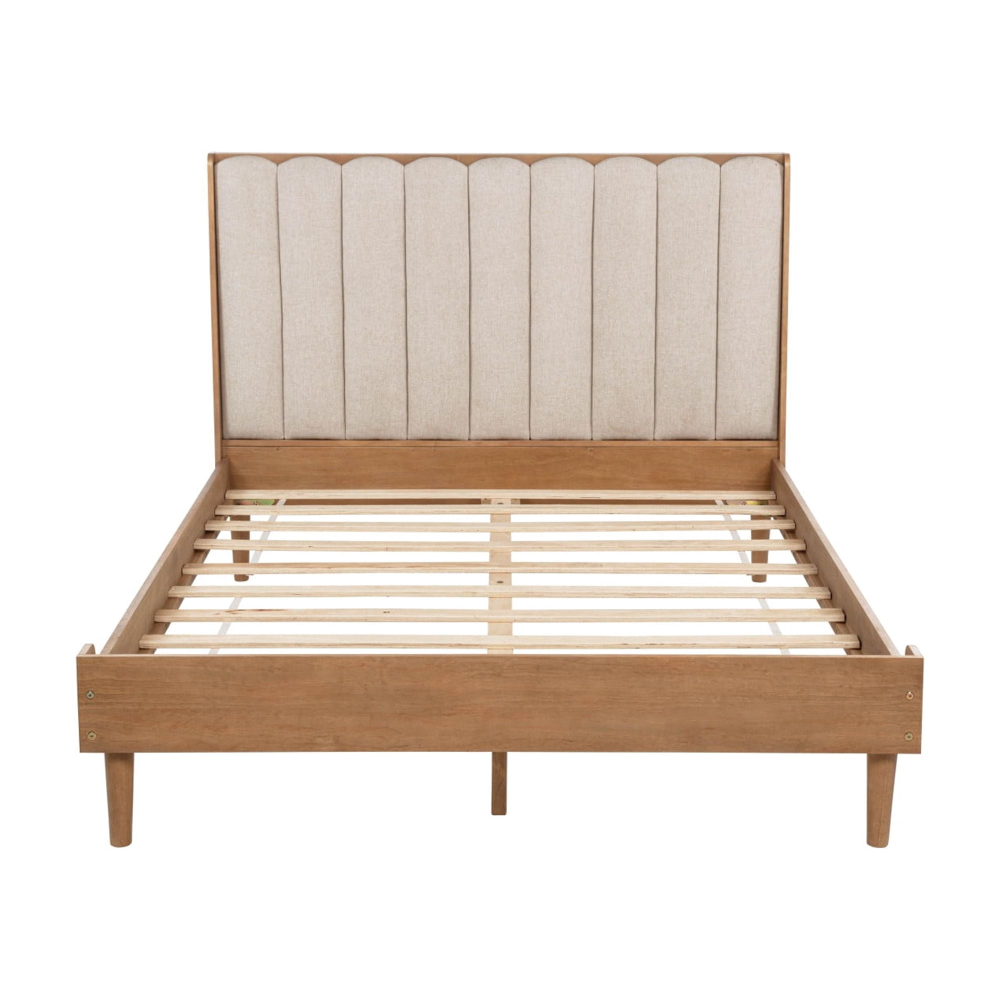 HOQBN Queen Size Wood Bed with Piano Key Style Upholstered Headboard , Wood Bed with Strengthened Bed Frame, Wheat