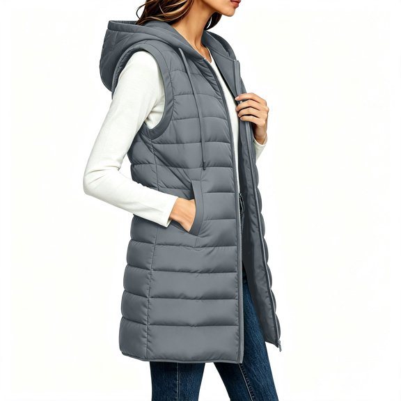 IUYRTFE Women Longline Hooded Puffer Vest Zip Up Sleeveless Winter Coat with Pockets for Outdoor Travel Daily Wear