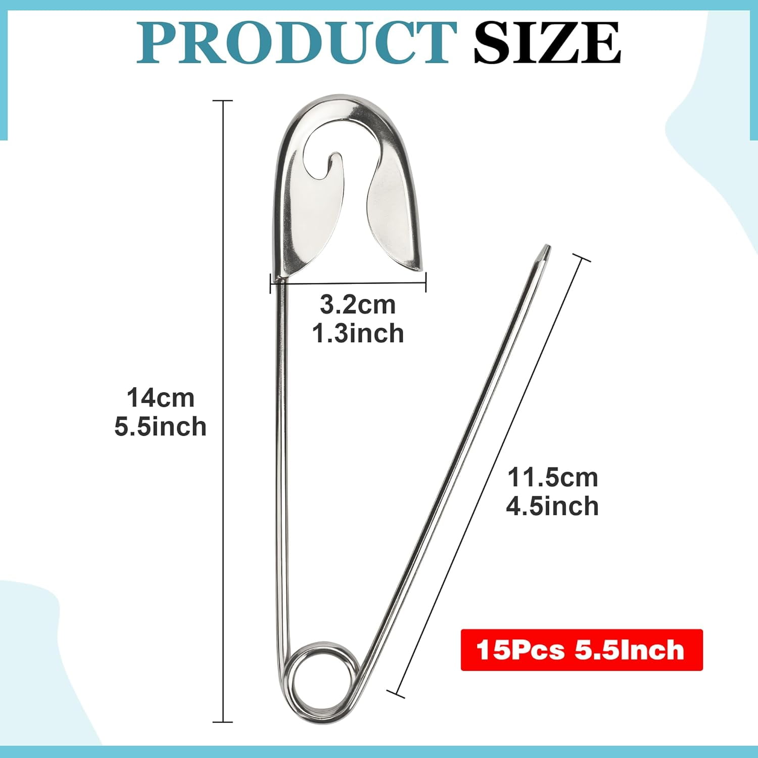 ABCISI 15 Pcs Large Safety Pins, 5.5 Inch Heavy Duty Safety Pins for Thick Fabric, Stainless Steel Giant Safety Pins for Clothes Blankets Crafts and Decorations Outdoor (Silver)