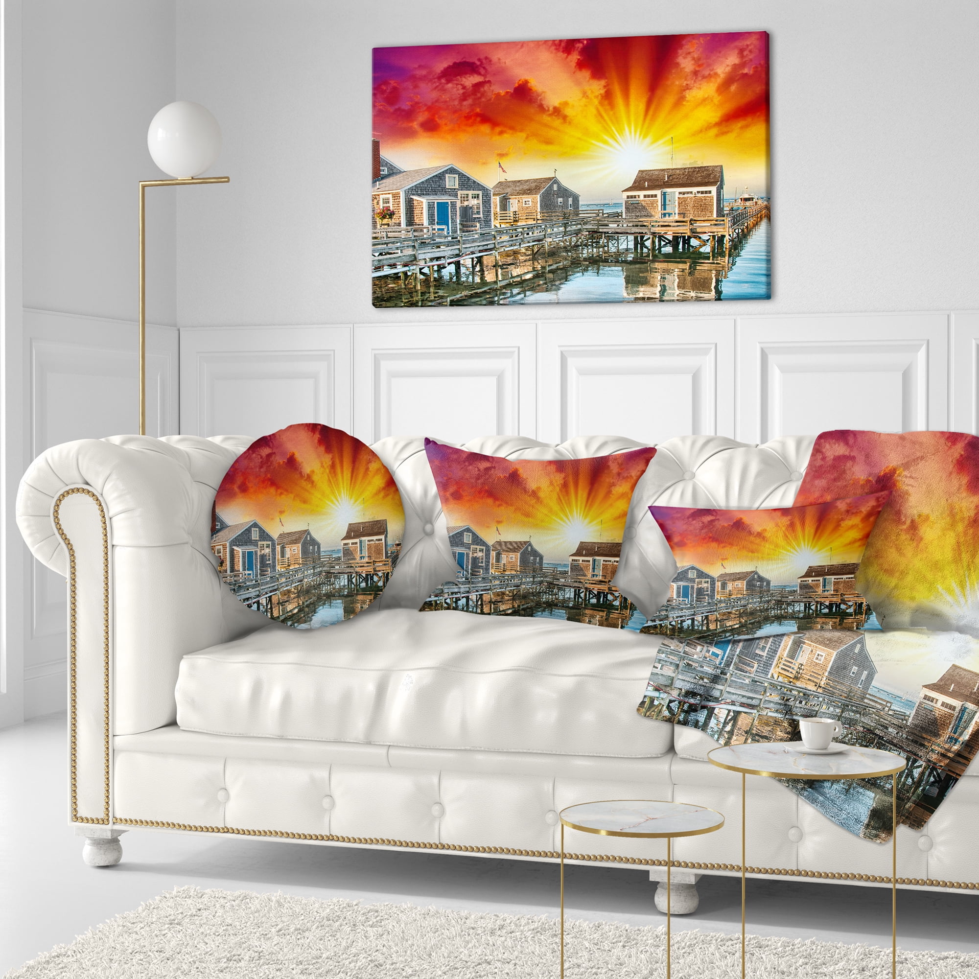 Designart Wooden Homes at Sunset - Landscape Photo Throw Pillow - 12x20