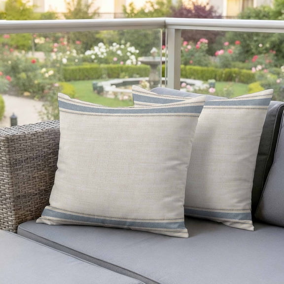 Haze Blue Striped Outdoor Waterproof Throw Pillow Covers 16x16 Set of 2, Beige Farmhouse Horizontal Stripes Decorative Pillowcases Cushion Pillowcase for Couch Sofa Patio Outside Pillow Protector
