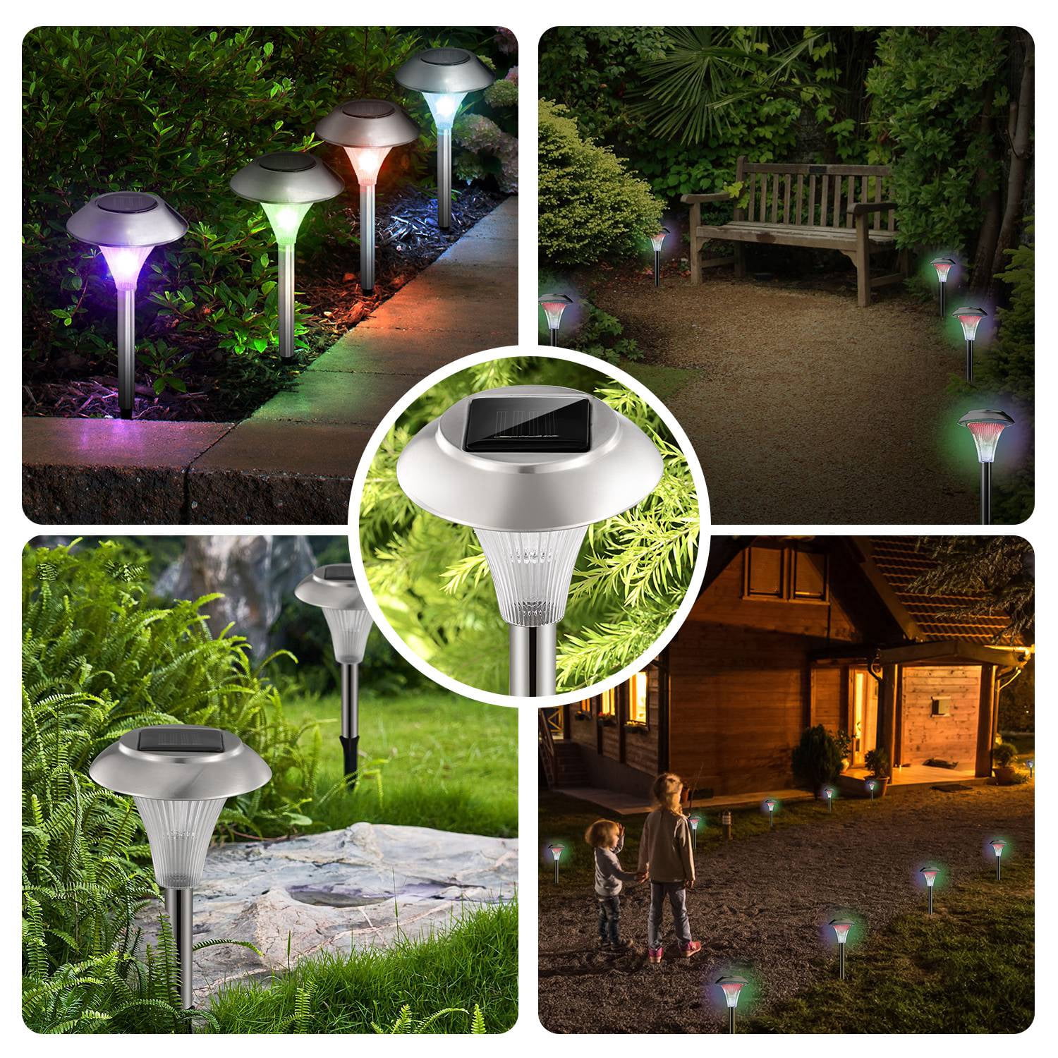 4PCS Solar Powered Color Changing Path Lights, IP44 Waterproof Auto Dusk‑to‑Dawn LED Lights for Garden, Yard, Driveway and Patio Decoration