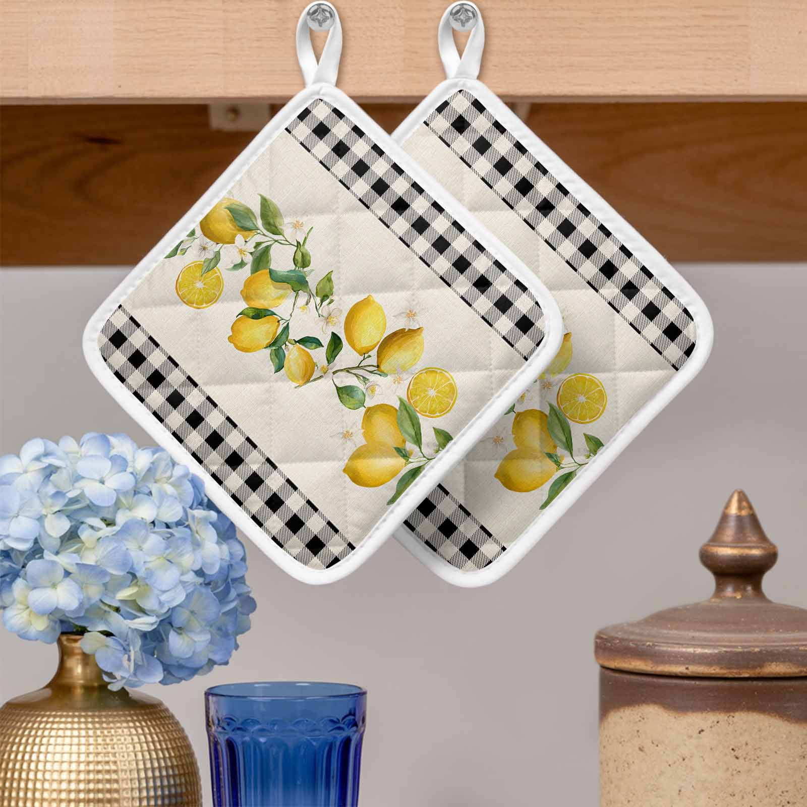 Yellow Lemons Pot Holders for Kitchen Heatproof Potholder, 5 Pack Summer Watercolor Fruits Plaid Hot Pads Multipurpose Oven Pads Cloth Potholders Trivet for Cooking Baking