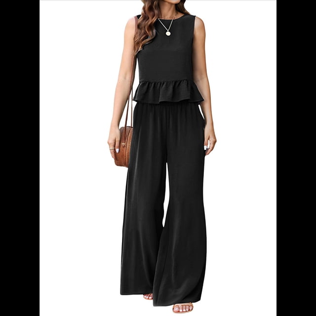 Conjuntos de Pantalones para Mujer, 2 Piezas, Sin Mangas, Cuello Redondo, Camisetas Sin Mangas, Conjuntos A Juego para Mujer, Cintura Elástica, Pierna Negro L