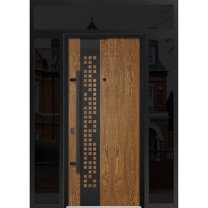 Front Exterior Prehung Steel Door / Deux 6678 Natural Oak / 2 Side and Top Exterior Window Sidelite / Entry Metal Modern Painted W12 36 12" x H80 16" Right hand Inswing