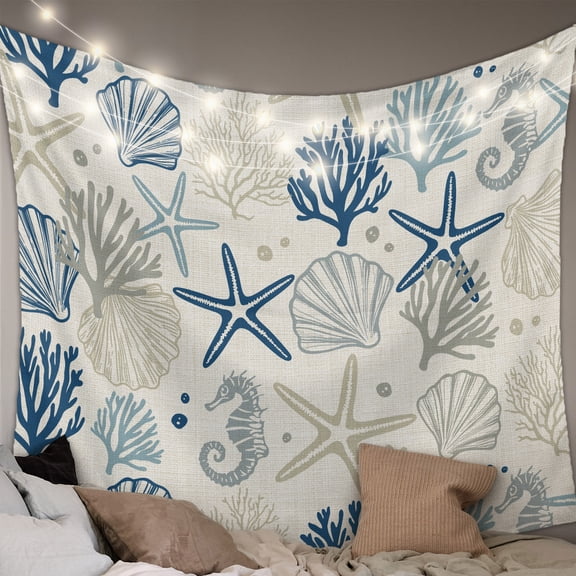 Blue Beige Coastal Tapestry for Bedroom Wall Hanging Tapestry,Summer Beach Starfish Coral Nautical Rustic Ceiling Backdrop Tapestries Poster Blanket Wall Decor for Teens Room Living Room 51" x 59"