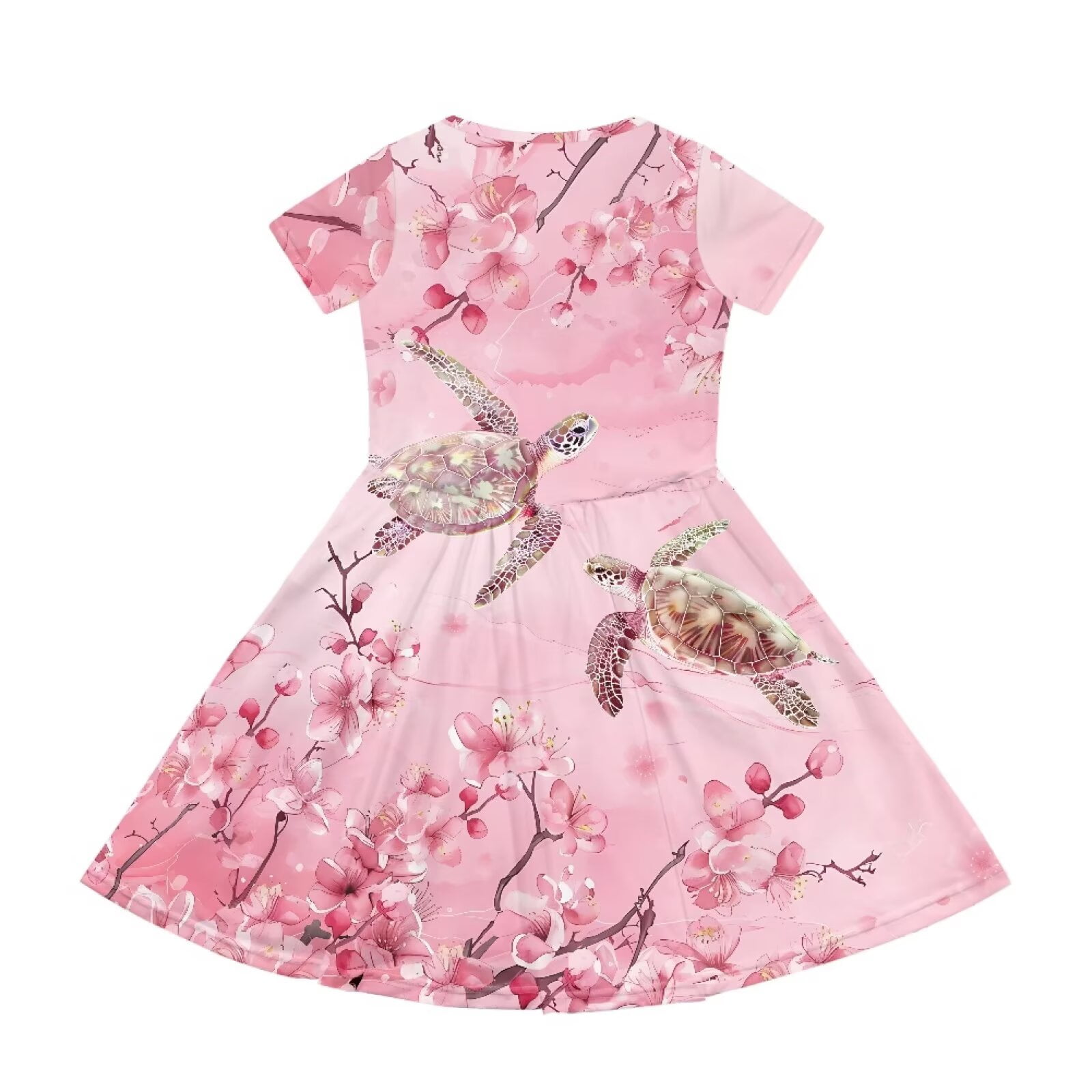 Uourmeti Turtle Short Sleeve Swing Dress 2-14Y Girls Summer Crew Neck Party Dresses Cherry Blossom Lightweight Soft Knee A-Line Dress with Pockets
