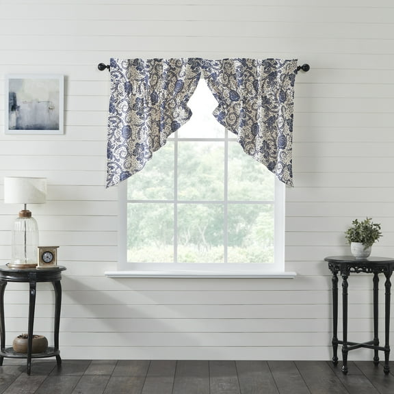 VHC Brands Dorset Prairie Swag Valance Curtain Panels, Floral, Navy, 36x36x18, Set of 2