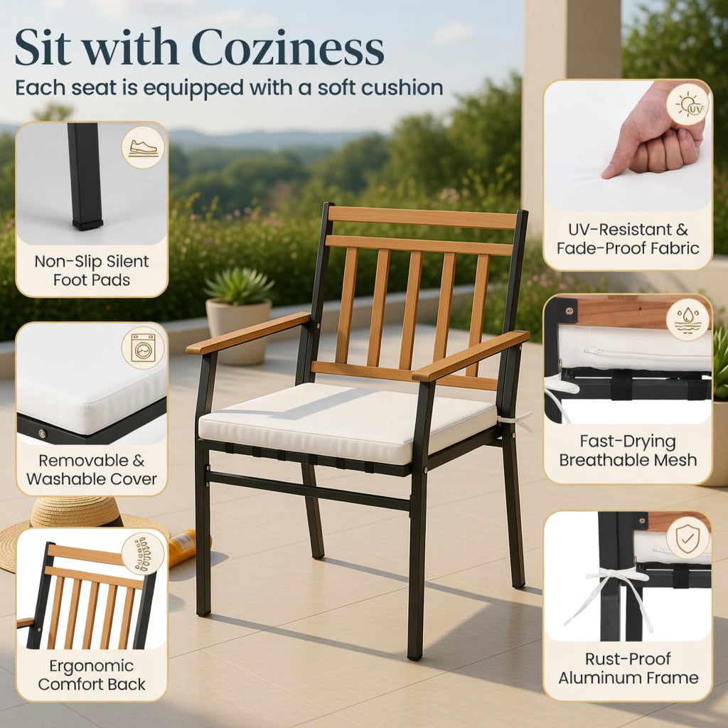 Hommoo 3-Piece Acacia Wood Outdoor Patio Conversation Set with Cushions, Sturdy Metal Frame, Ergonomic Chairs & Coffee Table for Backyard, Deck or Balcony, White