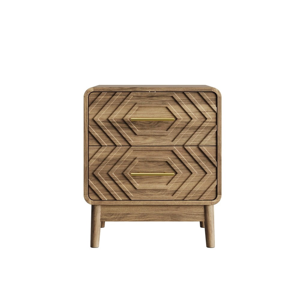 Walnut Nightstand with 2 Drawers, Wood Grain Bedside Table with Solid Wood Legs & Gold Metal Handles, Rounded Corner End Table for Bedroom