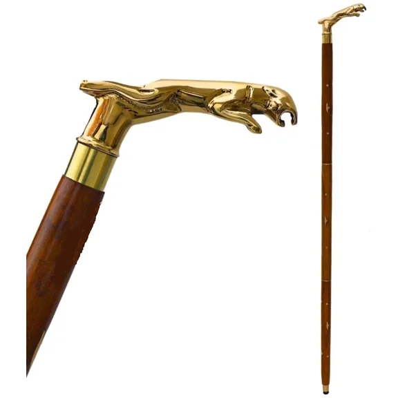 Jaguar Shape Handle Wooden Vintage-Style Walking Cane Gift for Men and Women