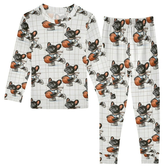 joogoo French Bulldog with Basketball 2 Piece Long Sleeve Tee and Pants Cotton Pajama Set 5Y