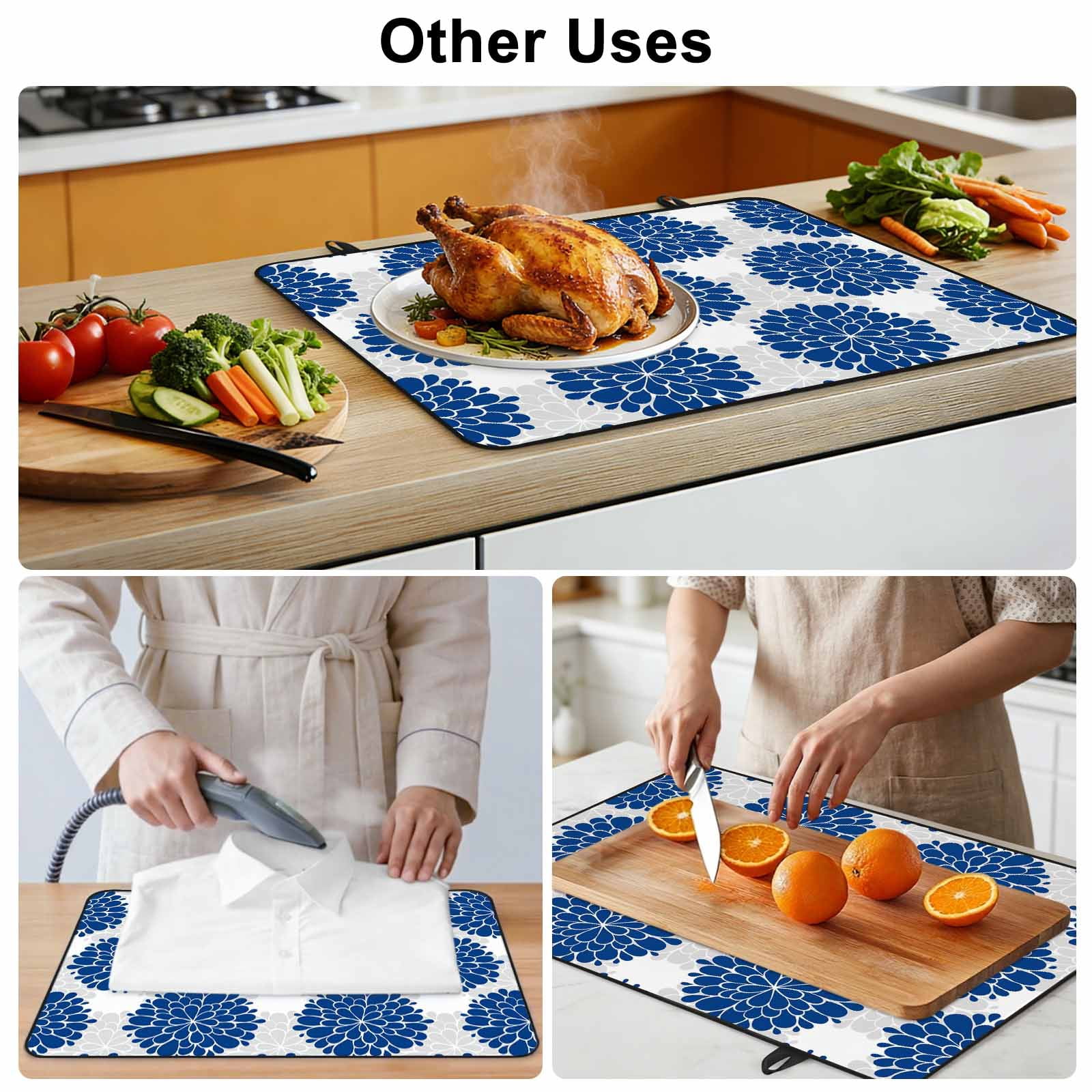 Dahlia Flower Stove Top Cover for Electric Stove, Heat-proof & Non Slip Glass Top Stove Cover Protector, Farmhouse Botanical Blue Grey Floral Kitchen Flat Cooktop Rubber Mat 24x21 Inches