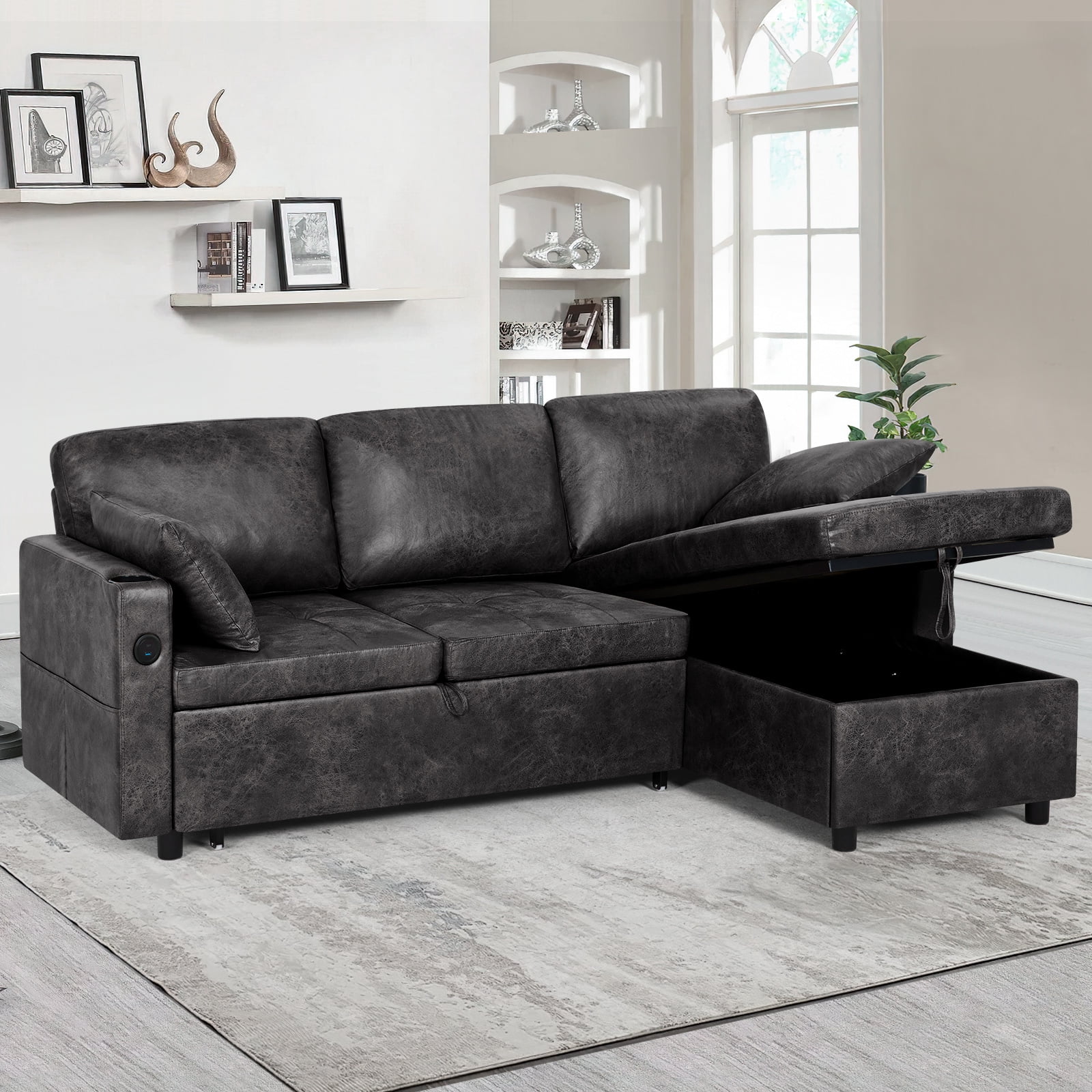 ACMEASE 84" Suede Leather Sectional  Sofa w/Adjustable Backrests, Pull Out Sofa Bed w/USB Charger Port& Reversible Storage Chaise,Convertible L-Shaped Sofa with Cup Holders for Living Room, Black