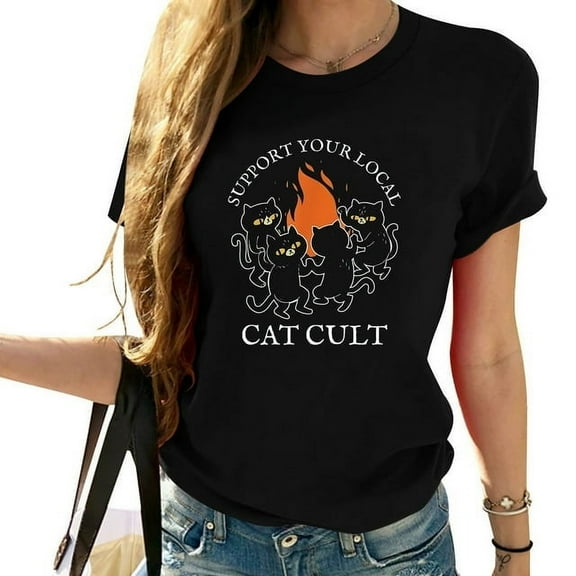 Womens Support Your Local Cat Cult Occult Black Cats Dancing Witch T Shirt Black