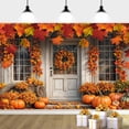 thumbnail image 3 of 5X3ft Fall White Wood Door Photography Backdrop Autumn Western Forest Window Rustic Yellow Pumpkin Harvest Hay Natural Scenery Maple Leaves Harvest Banner Decoration Studio Props Party Backdrop, 3 of 5