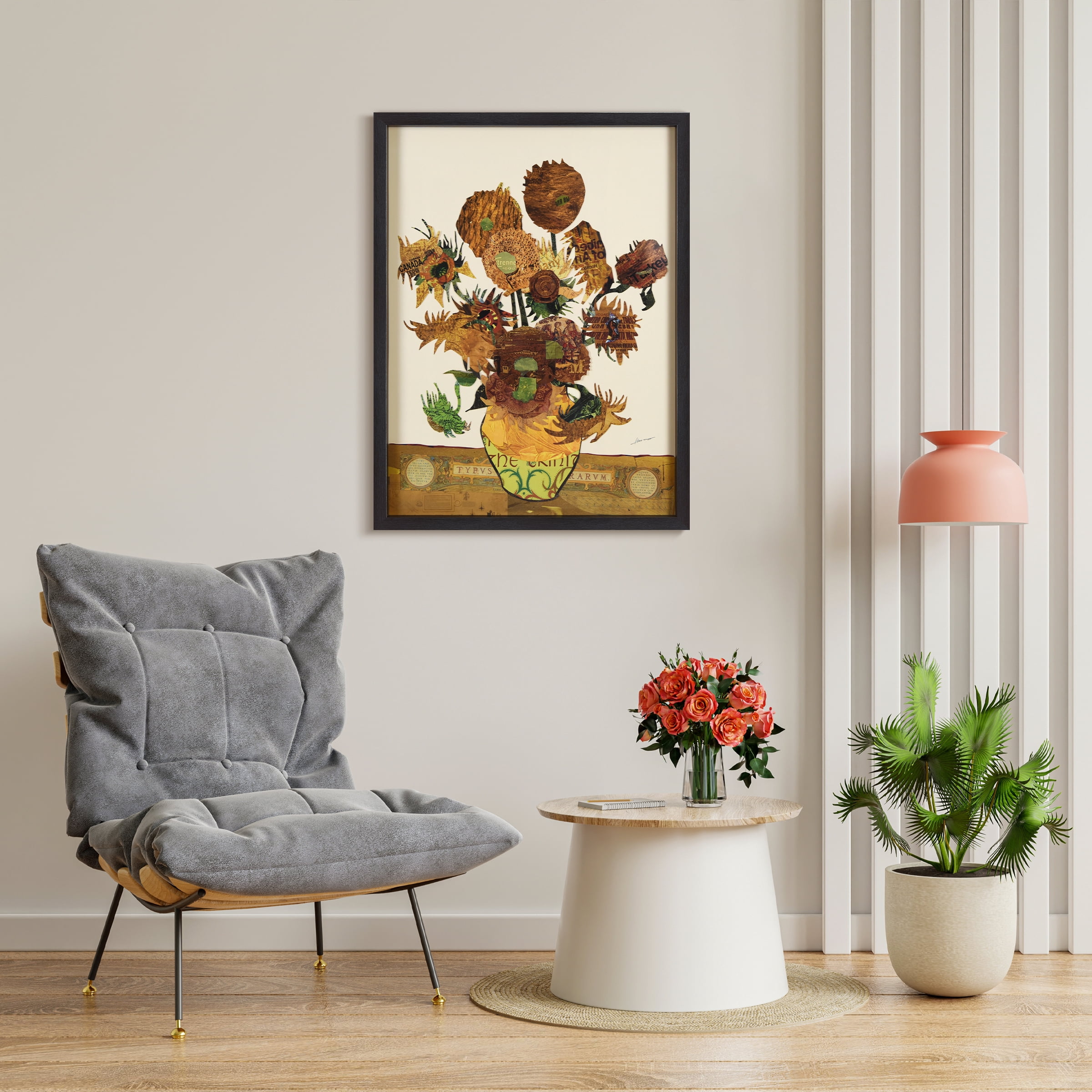 "Sunflower Embrace"Alex Zeng’s dimensional collage, under glass & a black shadow box frame