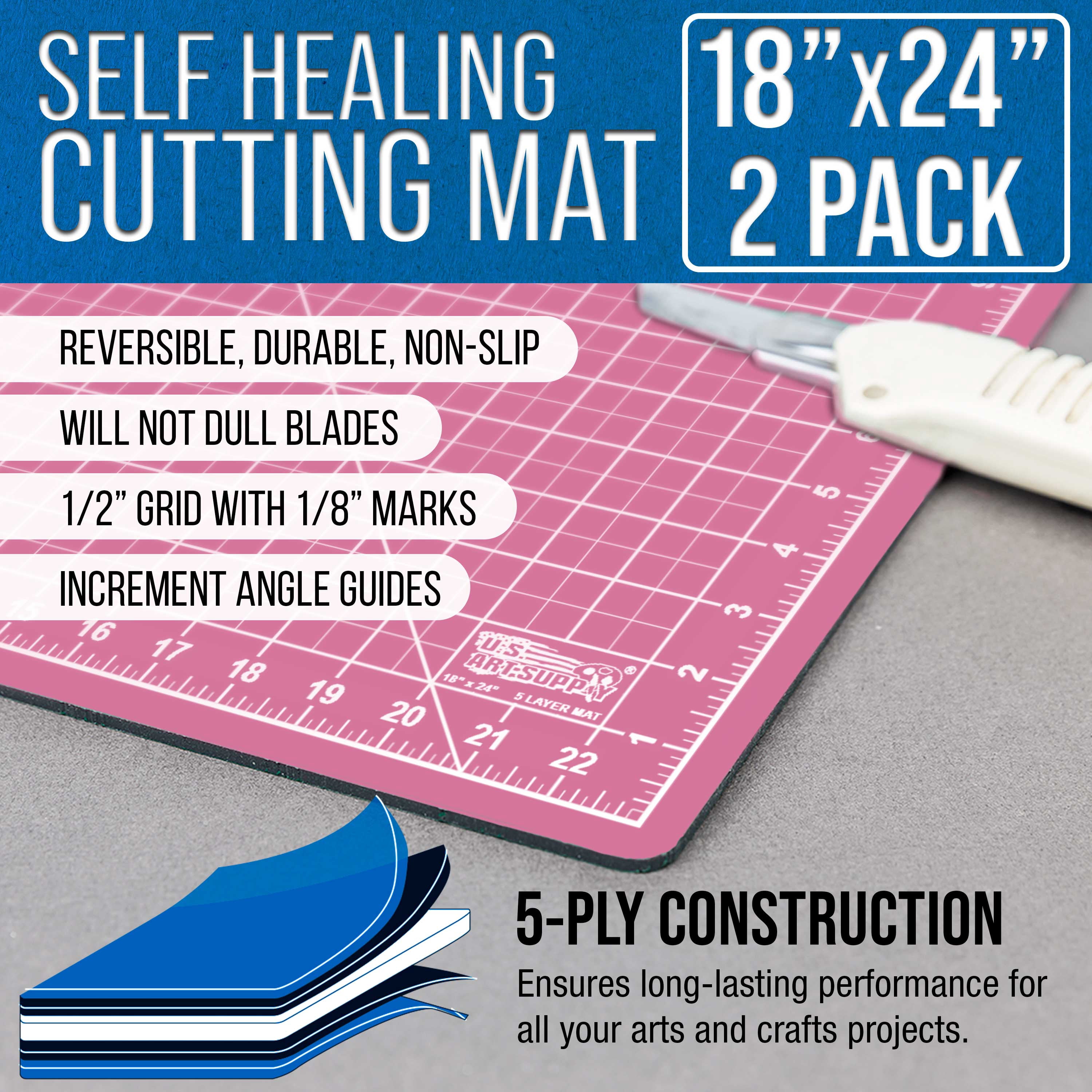 U.S. Art Supply 18" x 24" Self-Healing Cutting Mat 5-Ply (2 Pack) - Double-Sided Pink/Blue Craft Mat, Non-Slip Cutting Mats for Crafts, Sewing, Quilting, Scrapbooking