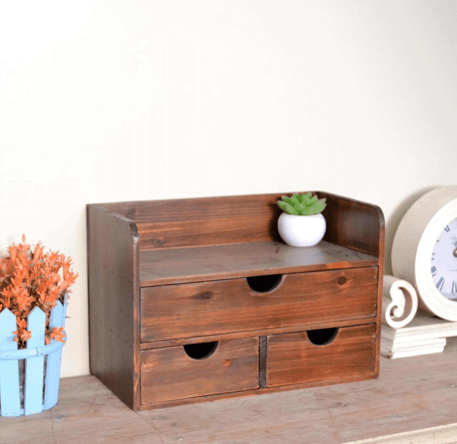 Rustic Brown Wooden 3 Drawer with Shelf Office Desk Organizer & Mail Rack For Desktop,Box for Office Home makeup holder Toiletries Supplies Vanity, No Assembly Required (Brown)