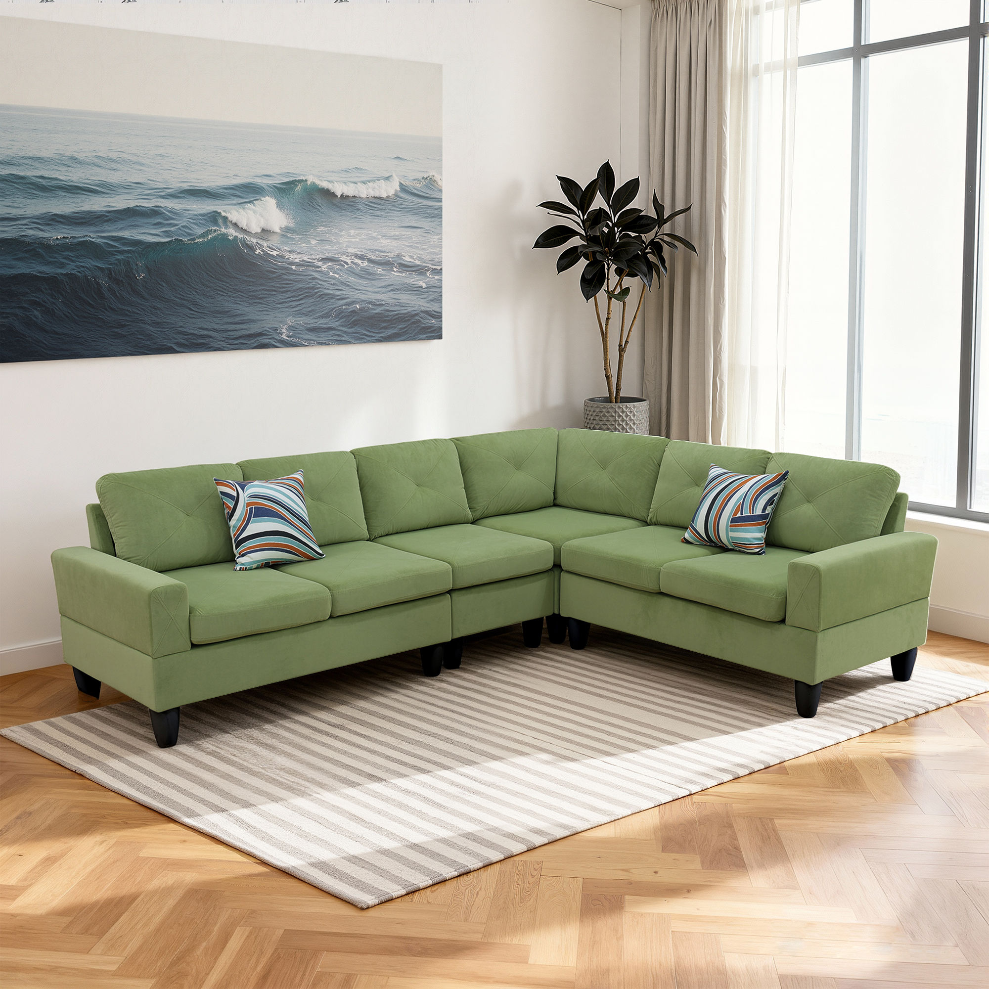MAYEERTY 95.5" L-Shaped Sectional Sofa, Flannel Modular Couch Sofa Set without Ottoman, Apple-Green (Right)