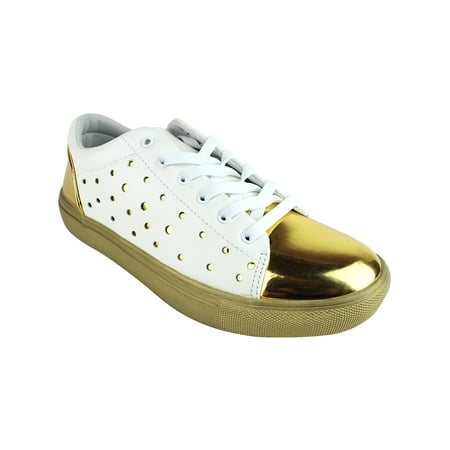 

Solo Men s Perforated Leather Low Top Fashion Sneakers Shoes Kabali-L White Gold