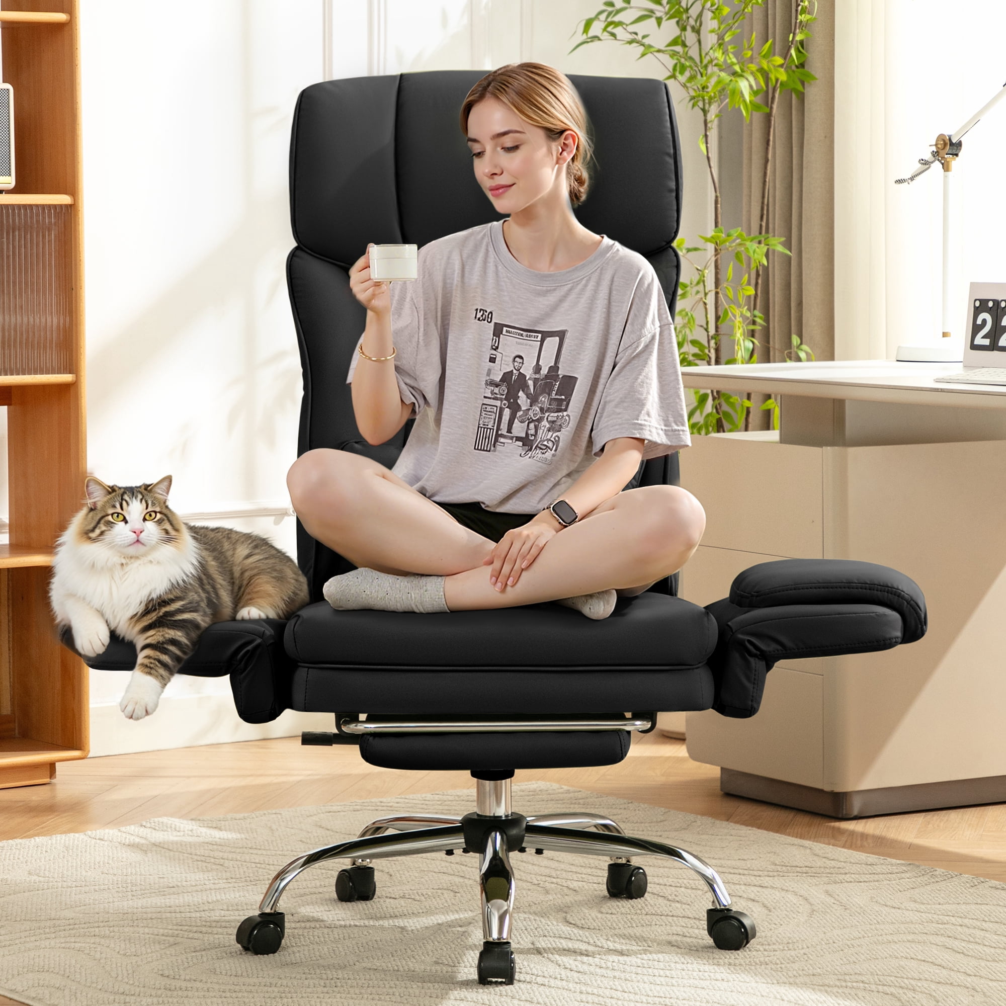 COOLHUT Big and Tall Office Chair, High Back Executive PU Leather Desk Chair with Footrest, Ergonomic Home Office Chair Computer Chair with Lumbar Support & Padded Armrest, Black