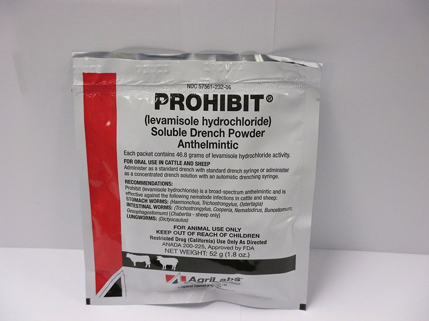 Agrilabs Prohibit Soluble Drench Powder 52G Cattle Sheep Levamisole 