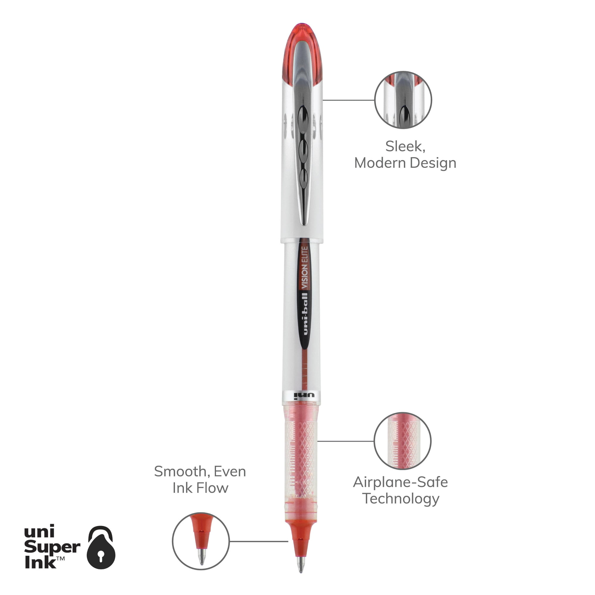 uniball Vision Elite Rollerball Pens, Bold Point (0.8mm), Red Ink, 12 Count