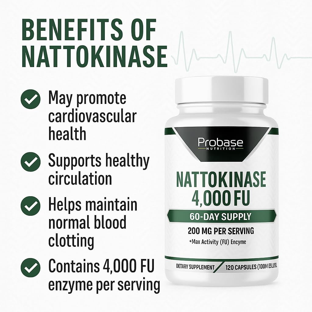 Probase Nutrition Nattokinase Supplement 4,000 FU Servings, 120 Capsules (Derived from Japanese Natto) Systemic Enzymes for Cardiovascular and Circulatory Support