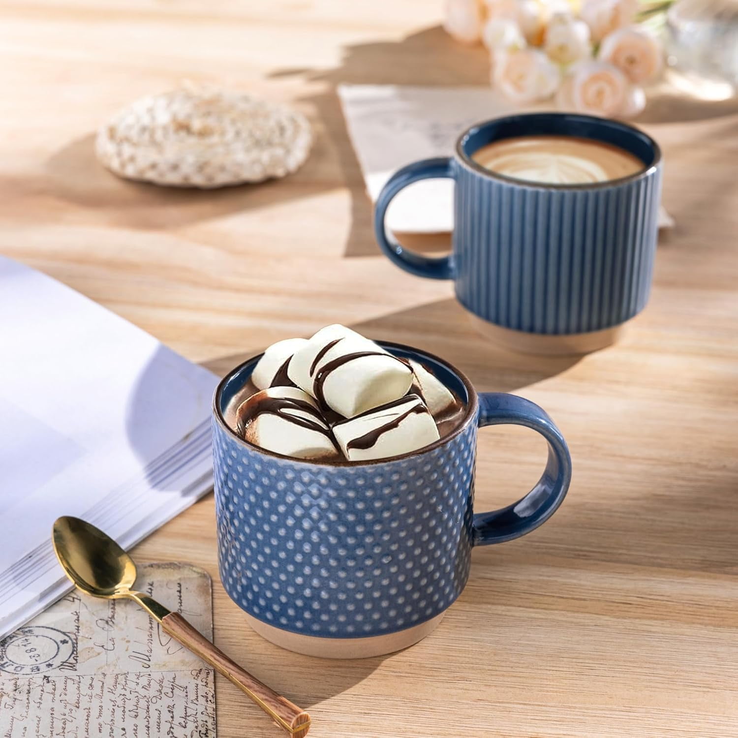AmorArc 15OZ Stackable Coffee Mugs, Ceramic Coffee Cups with Texture Patterns for Man,Woman,Dad,Mom, Modern Coffee Mugs Set of 4 for Latte/Cappuccino/Cocoa. Dishwasher&Microwave Safe, Blue