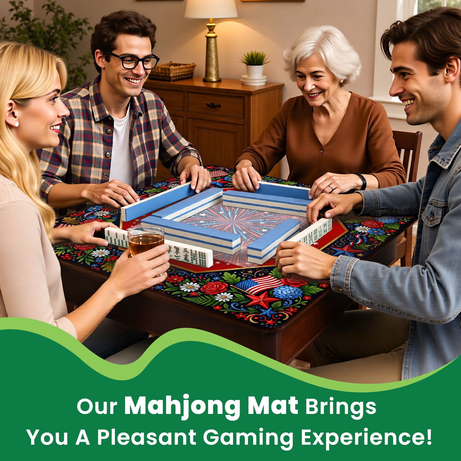 Mahjong Mat 31.5" x 31.5" Patriotic Fireworks American Flags Floral Borders Non-Slip Noise Reduction American Mahjong Tiles Table Cover for Dominoes Poker Card Board Games Gift