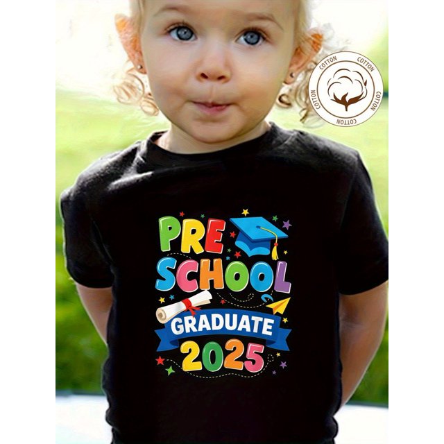 Start Of School Season Summer New Girls 100% Cotton T-Shirt PRE SCHOOL GRADUATE 2025 Print Comfortable Breathable Round Neck, ShortSleeved T-shirt